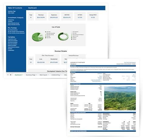 New Earth Development financial model dashboards — use of funds, revenue streams, and development valuation